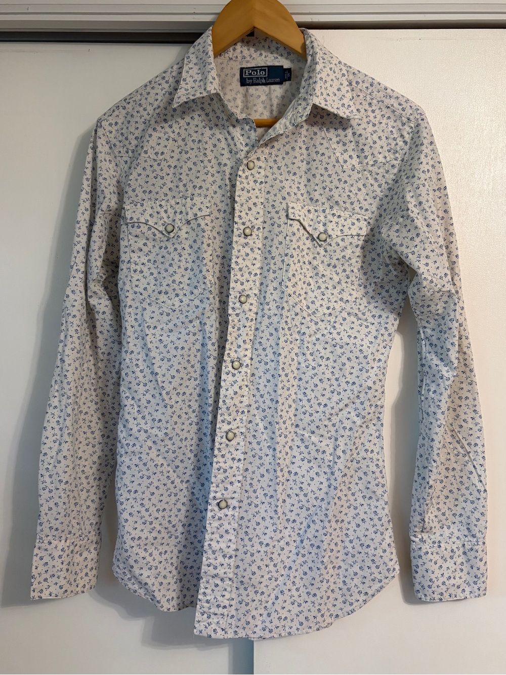 Ralph Lauren White Western Shirt with Small Blue Floral Print and Pearl Snaps